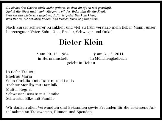 Klein Dieter 1964-2011 Todesanzeige